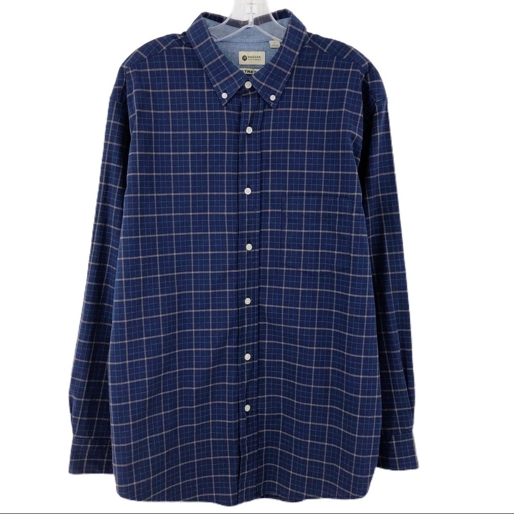 Haggar Men's Button Down Dress Shirt Blue & Beige Plaid Size XL Stretch Cotton